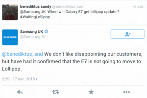 Read more about the article Official reports from Samsung UK on Twitter confirmed Galaxy E7 will not get Lolipop 5.0 update.