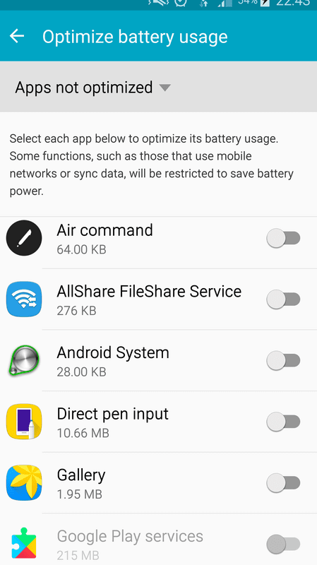 Disable Optimize battery usage Note 4